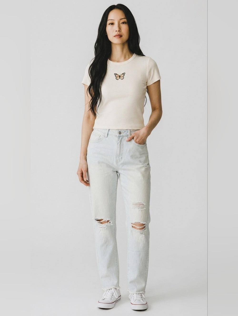Flying Monkey Women's High Rise Mom Jeans Light Wash Distressed 100% Cotton